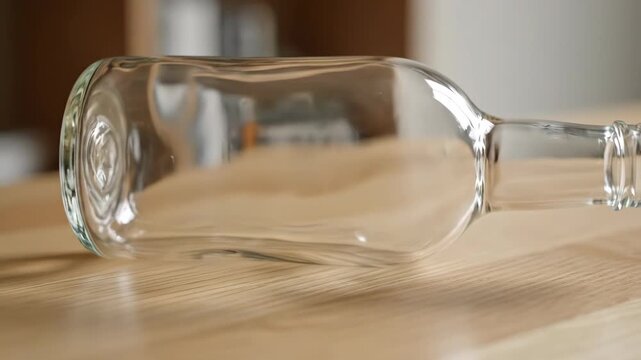 empty bottle rolling on table. Close-up view of a clear empty bottle rolling slightly on a tabletop, emphasizing glass texture and motion.
