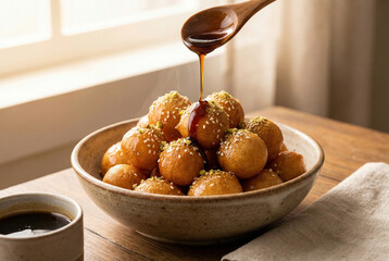 Pouring date syrup on Luqaimat sweet dumplings. Popular dessert for Ramadan Iftar. Generative AI.