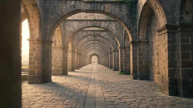 Sunlit ancient stone arcade with rhythmic arches and cobblestone path in warm natural light