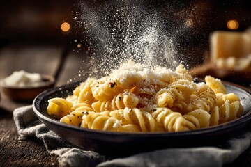Golden Fusilli Pasta in Rustic Ceramic Bowl with Grated Parmesan Sprinkling and Chiaroscuro Lighting