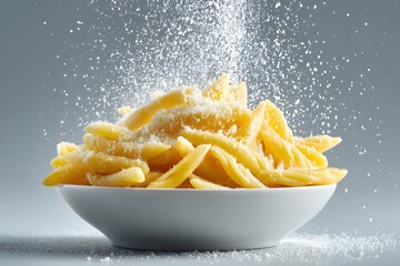 Close-up of Fresh Italian Golden Fusilli Pasta in White Bowl with Falling Grated Parmesan Cheese