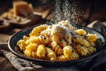 Golden Fusilli Pasta in Rustic Ceramic Bowl with Grated Parmesan Sprinkling and Chiaroscuro Lighting