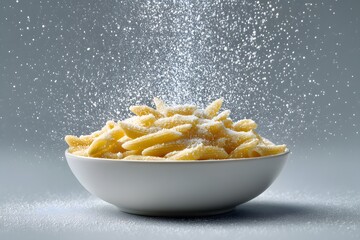 Close-up of Fresh Italian Golden Fusilli Pasta in White Bowl with Falling Grated Parmesan Cheese