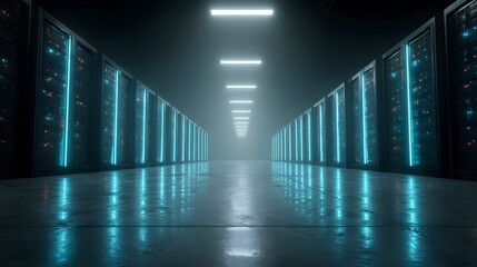 Futuristic data center facility displays rows of server racks or battery units with glowing blue status lights and high-tech infrastructure.