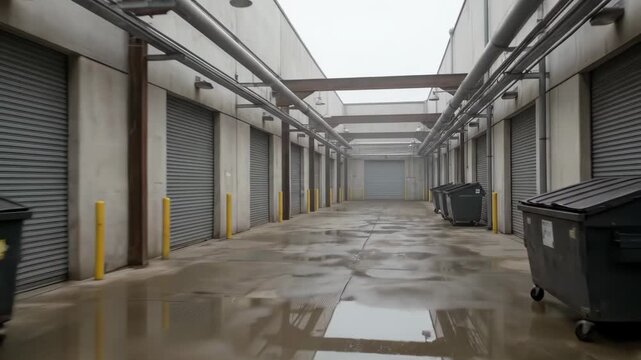 Industrial alleyway with closed storage units metal rolling doors puddles and garbage dumpsters under a cloudy sky