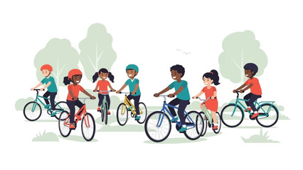 Obraz premium A joyful illustration of diverse children happily riding their bicycles together in a vibrant green park, celebrating outdoor recreation, health, and friendship