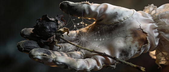 A hand wearing a ruined, old white glove holds a withered black rose with a spiderweb and dew drops, concept for faded love.