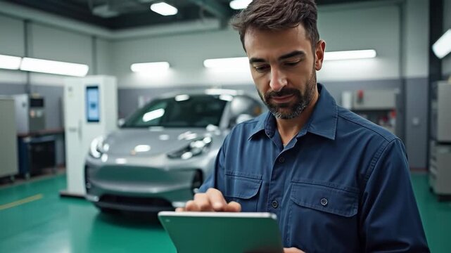 Mechanic in blue uniform using a digital tablet for vehicle diagnostics in a modern car service center with a silver car in the background