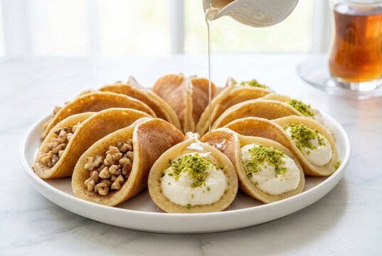 Qatayef Asafiri pancakes filled with cream and nuts. Iconic Ramadan dessert with syrup. Generative AI.