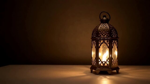 A serene lantern glows softly on a low table surrounded by prayer mats in a peaceful environment.