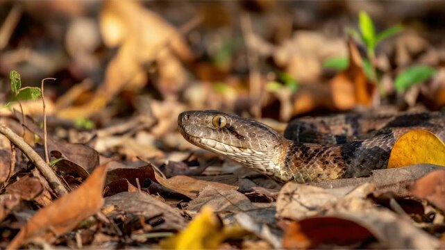 A snake with a patterned body and head, sits amongst fallen leaves and foliage