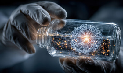 Scientist holding glass jar with glowing fusion energy atom simulation representing nuclear fusion breakthrough and clean energy innovation