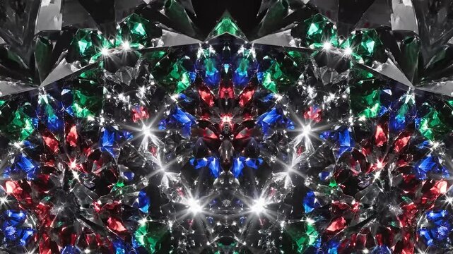 Abstract kaleidoscope pattern with red blue and green colors moves dynamically creating mesmerizing symmetrical shapes