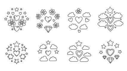 Collection of cute doodle outline icons with hearts, stars, flowers, clouds, and diamonds