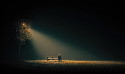 Solitary person sitting on park bench illuminated by single streetlight in dark empty park symbolizing loneliness isolation mental health crisis and social disconnection in modern society