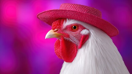 White chicken wearing a pink straw hat with a vibrant blurred pink background, showcasing the unique and playful character of the bird in a whimsical setting