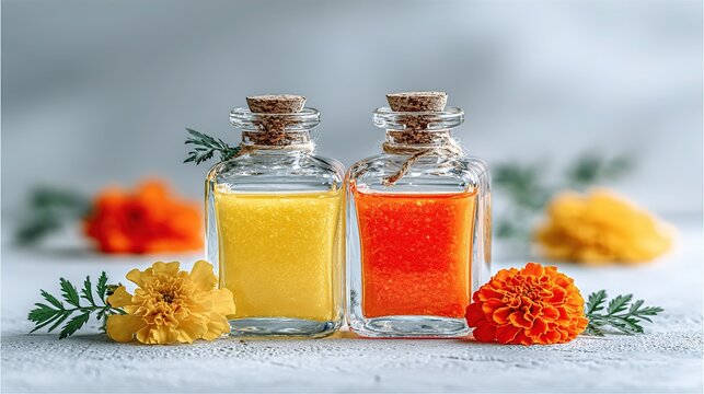 Botanical oil research sample: white hi-res two marigold bottles + petal reference, ultra-sharp records corolla morphology & liquid hue, ideal for thesis figure or material datasheet