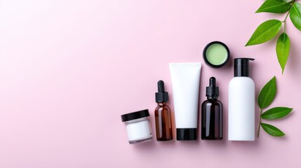 Assorted skincare products including jars and bottles arranged on a pink background with green leaves for a beauty or wellness theme with copy space for text
