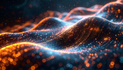 Digital abstraction featuring glowing particles in waves of orange and blue light, conveying data visualization or tech concept