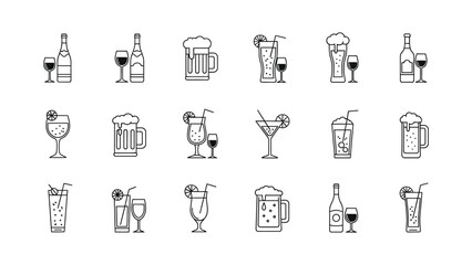 Fototapeta premium Black and white outline icons of alcoholic and non-alcoholic beverages in glasses and bottles