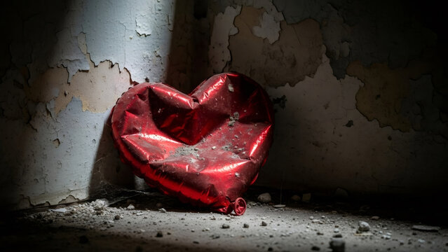 Deflated red heart balloon lies forgotten in a dirty, abandoned room. Concept of a broken love, loss, and loneliness for Valentines Day.