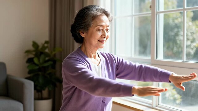 Senior woman practicing tai chi or breathing exercises in a bright living room near a window