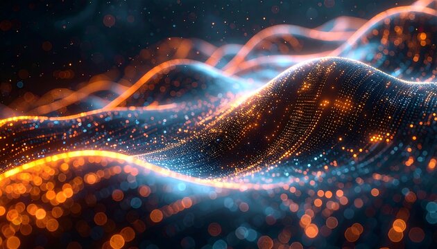 Digital abstraction featuring glowing particles in waves of orange and blue light, conveying data visualization or tech concept