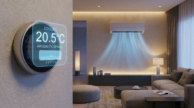 Comfort from air conditioner in living room concept. Smart home thermostat displaying temperature in modern living room.