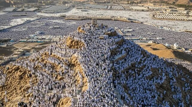 High Angle View of Hajj Pilgrims Ascending Mount Arafat in Mecca.