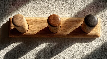 Minimalist wooden wall hooks feature three oak pegs mounted on a beige wall with strong shadows cast by sunlight in clean Scandinavian style.