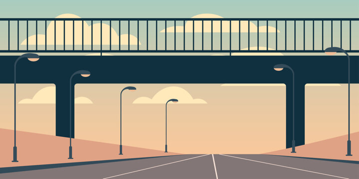 Pedestrian overpass railing silhouette illustration. Elevated walkway spanning across the frame. Road below suggested by soft horizontal light bands. Streetlight poles.