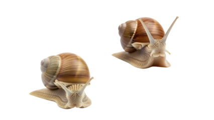Two snails, each with a spiral shell, are isolated against a plain black backdrop, showing their faces. Their bodies have visible textures