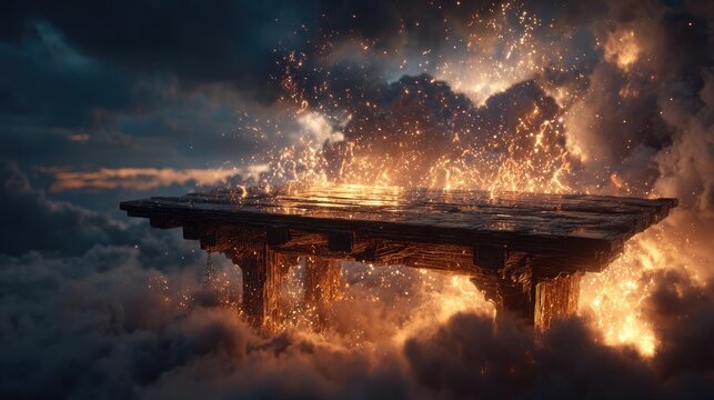 Blank wooden table with fire and smoke concept. A surreal scene with a glowing platform amidst dramatic clouds.