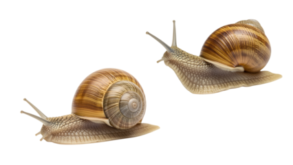 Two snails, each with a spiral-shaped shell and visible feelers, are shown against a transparent background