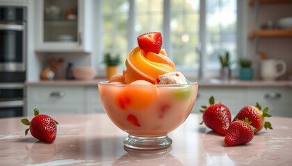 Fresh strawberry fruit cocktail with mint and sweet ice cream dessert served in a glass bowl creates a delicious red berry beverage and healthy summer snack full of cold freshness