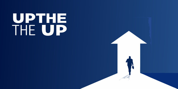 a man walking up a giant white arrow