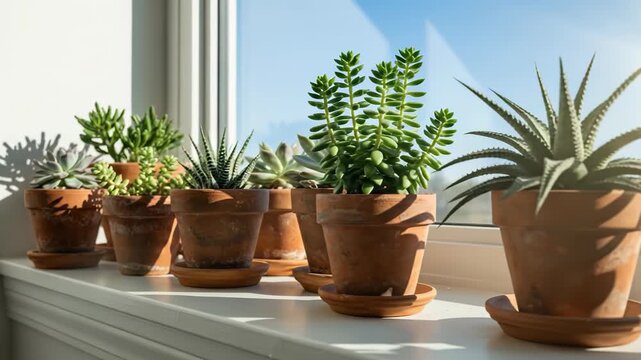 Row of small succulent plants in terracotta pots on a bright white windowsill under direct sunlight against a clear blue sky