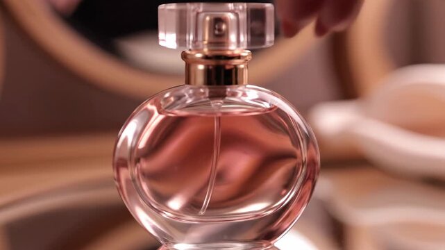 Elegant perfume bottle on a dressing table with soft lighting