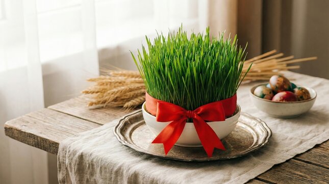 Nowruz holiday samani grass with red ribbon traditional decoration.