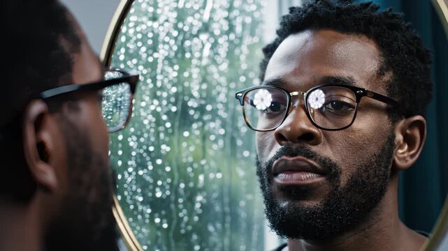 Man Looking at Himself in Mirror on Rainy Day