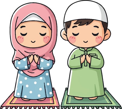 Cute Chibi Muslim Boy and Girl Praying on Prayer Mats Illustration Art & Illustration