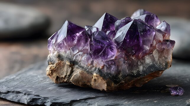 Raw purple amethyst crystal cluster sits on a dark textured slate surface with dramatic side lighting highlighting the facets and minerals.