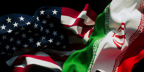 Flags of the United States and Iran wave together in a symbolic display about relations and conflicts © yurakrasil