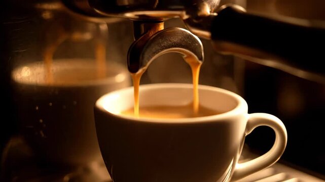 Espresso Machine Pouring Fresh Coffee Into a White Mug