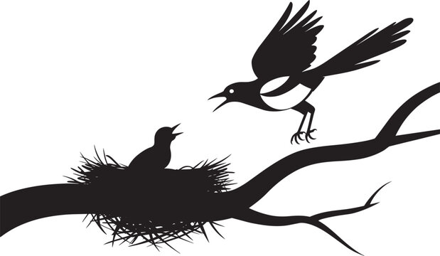Silhouette of magpie bird feeding young chick in nest on tree branch
