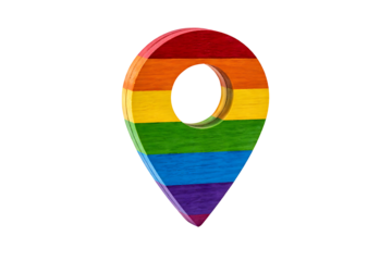 Wooden Rainbow Map Pin Location Marker Isolated on Black Background Symbolizing Pride, Diversity and Inclusion