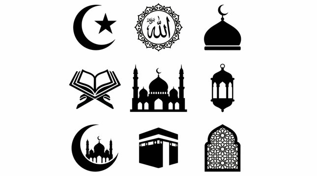 Islamic Culture Vector Icons Set &ndash; Mosque, Quran, Hijab, Prayer, Crescent Moon, Sujood, Tasbih, Tawhid Symbols &ndash; Religious Clipart for Education & Design