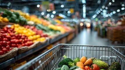 Supermarket aisle view from inside a shopping cart focuses on the handle and wire mesh with blurred fresh vegetables and fruits in background.