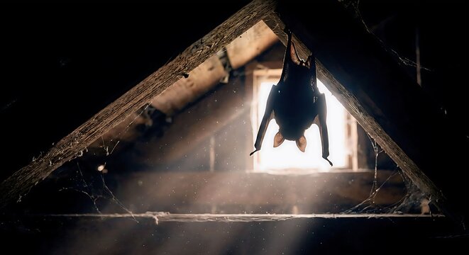 Bat silhouette in attic with window light
