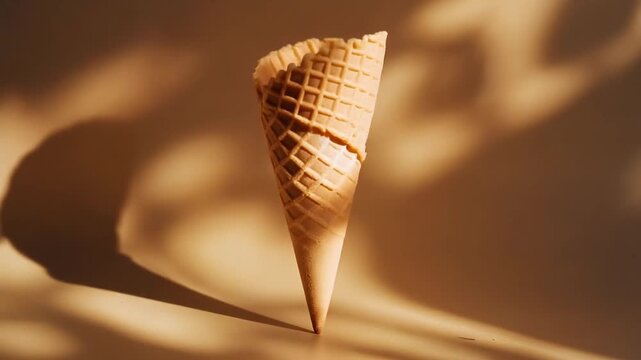 Minimalist Aesthetic of Spinning Waffle Cone on Beige Background, Summer Concept